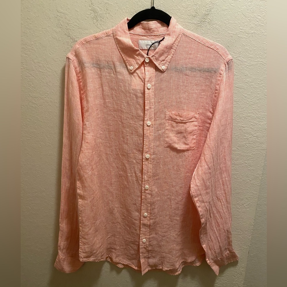 Onia Jay Linen Long Sleeve Button Down Stipe Shirt Size M In Tangerine/White NEW
